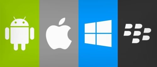 Logos of Android, Apple, Microsoft, and Blackberry