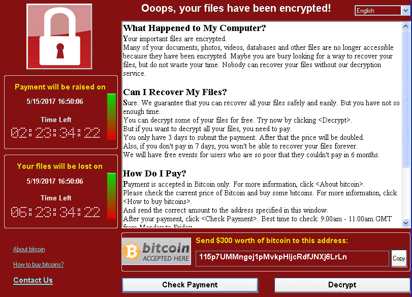 WannaCrypt ransom executable screen